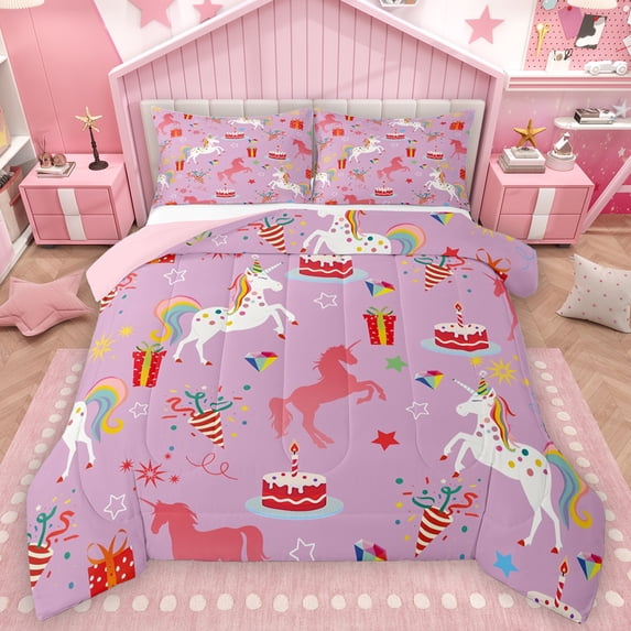Feelyou Magic Cartoon Unicorn Full Size Comforter Sets, Happy Birthday Party Bedding Comforter Set, Kawaii Star Print Reversible Bedding Sets, Lightweight Room Decor, 3 Pieces