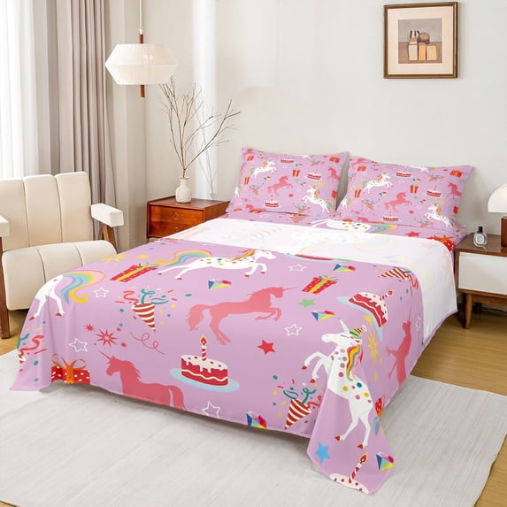 Feelyou Magic Cartoon Unicorn Twin Sheet Sets, Happy Birthday Party Twin Fitted Sheet, Kawaii Star Print Flat Sheet, Lightweight Room Decor, 3 Pieces