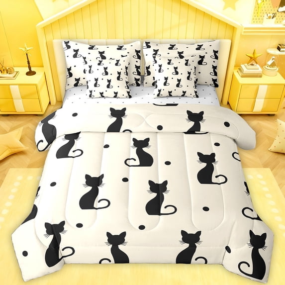 Feelyou Magic Cat Kitten Bedding Comforter Set 7pcs for Kids, Fashion Polkadots King Bedding Sets, Kawaii Animal Theme Reversible Bed Sheets, Microfiber Bedroom Decor