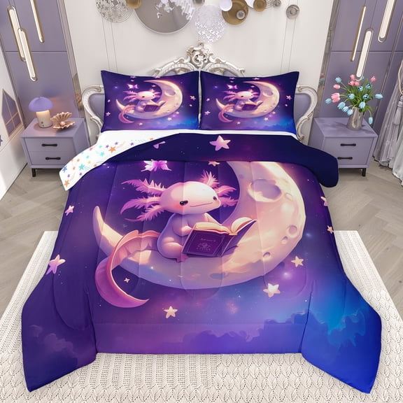 Feelyou Magic Cute Axolotl Bedding Comforter Set, Cartoon Gold Stars Moon Twin Comforter Sets, Dreamy Fairy Tale Reversible Bedding Set, Luxury Bedroom Decor, 2pcs