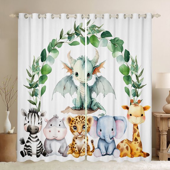 Feelyou Magic Dragon Animal Curtains Pack of 2 (42x84 Each) for Kids, Hippo Zebra Wildlife Curtains Blackout, Green Leaf Plant Bedroom Curtains, Window Curtains Decor