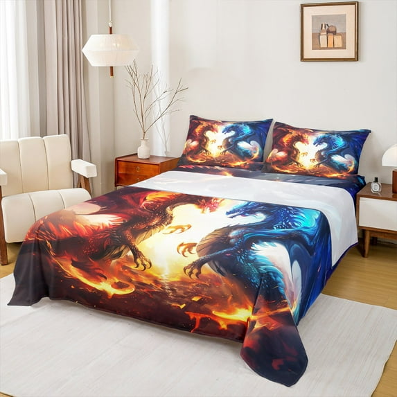 Feelyou Magic Dragon Full Size Sheets, Ancient Wildlife Bed Sheets, Ice and Fire Flame Sheet Sets, Kids Bedroom Decor
