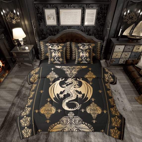 Feelyou Magic Dragon Men Women Twin Bedding Sets 7-Piece, Bohemian Damask Bedding Comforter Set, Hippie Moon Sun Reversible Sheet Sets, Microfiber Bedroom Decor