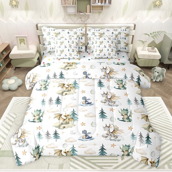 Feelyou Magic Dragon Teens Bedding Comforter Set 7 Pieces, Kawaii Dino Animal White Full Bedding Set, Cartoon Cloud Stars Reversible Fitted Sheet Flat Sheet, Microfiber Bedroom Decor
