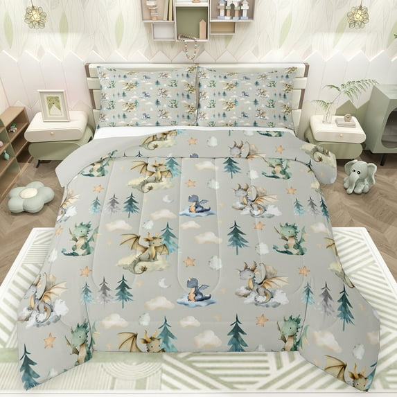 Feelyou Magic Dragon Teens Bedding Comforter Set, Kawaii Dino Animal Grey Twin Comforter Sets, Cartoon Cloud Stars Reversible Bedding Set, Ultra Soft Bedroom Decor, 2pcs