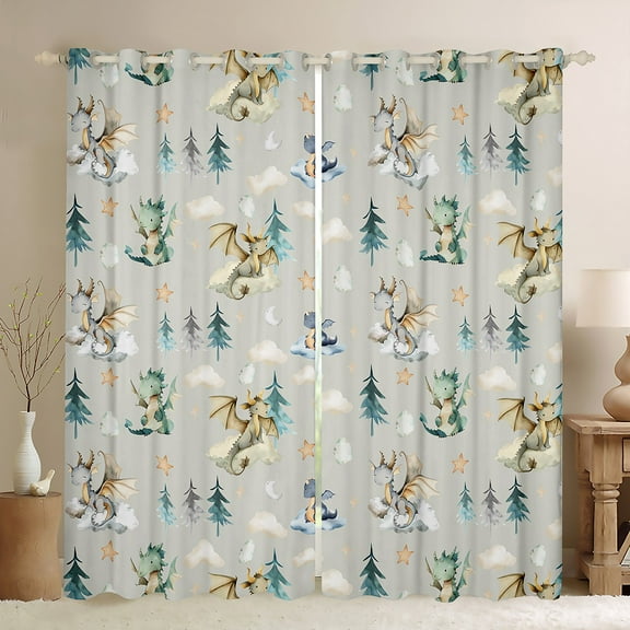 Feelyou Magic Dragon Teens Black Out Curtains, Kawaii Dino Animal Grey Curtains Pack of 2 (42x63 Each), Cartoon Cloud Stars Bedroom Curtains, Living Room Curtains Decor