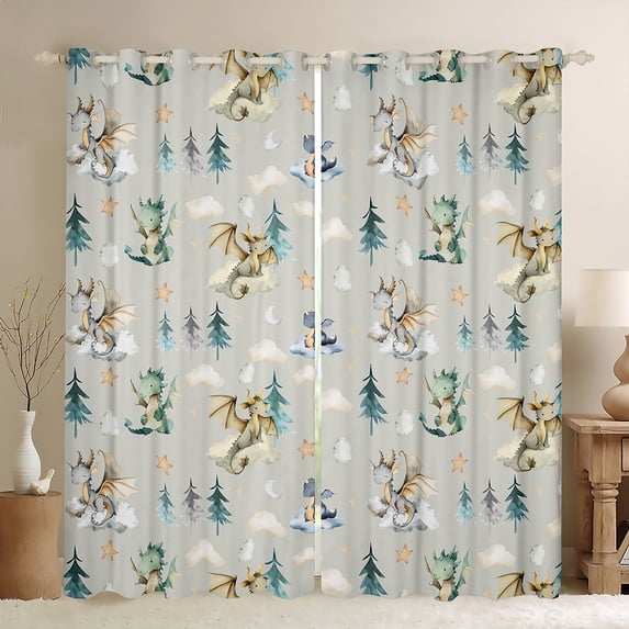 Feelyou Magic Dragon Teens Curtains Pack of 2 (42x84 Each), Kawaii Dino Animal Grey Curtains Blackout, Cartoon Cloud Stars Bedroom Curtains, Living Room Curtains Decor
