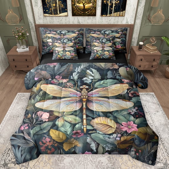 Feelyou Magic Dragonfly Animal Bedding Comforter Set 7 Pieces, Flower Leaf Botanical Full Bedding Set, Farmhouse Animal Reversible Fitted Sheet Flat Sheet, Super Cozy Room Decor