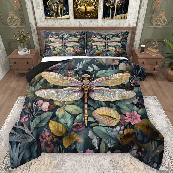 Feelyou Magic Dragonfly Animal Full Size Comforter Sets, Flower Leaf Botanical Bedding Comforter Set, Farmhouse Animal Reversible Bedding Sets, Super Cozy Room Decor, 3-Piece