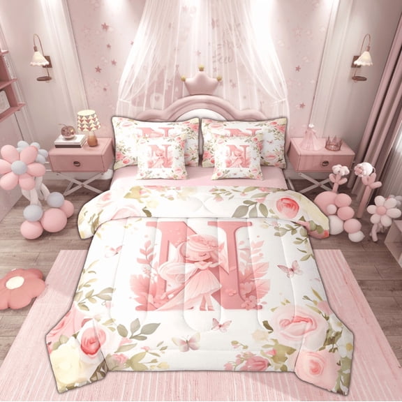 Feelyou Magic Elf Teens Twin Bedding Sets 7-Piece, Pink Monogrammed N Bedding Comforter Set, Princess Reversible Comforter, Microfiber Bedroom Decor