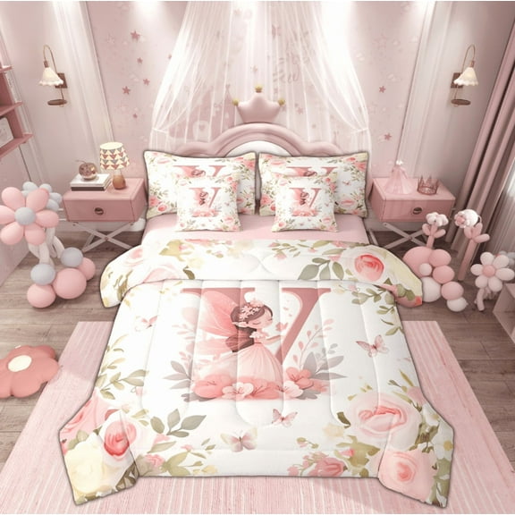 Feelyou Magic Elf Teens Twin Bedding Sets 7-Piece, Pink Monogrammed V Bedding Comforter Set, Fairy Tale Princess Reversible Sheet Sets, Lightweight Room Decor