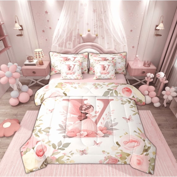 Feelyou Magic Elf Teens Twin Bedding Sets 7-Piece, Pink Monogrammed V Bedding Comforter Set, Princess Reversible Comforter, Lightweight Room Decor