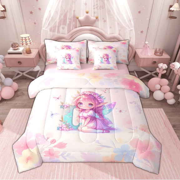 Feelyou Magic Elf Teens Twin Bedding Sets 7-Piece, Purple Monogrammed L Bedding Comforter Set, Fairy Tale Princess Reversible Sheet Sets, Lightweight Room Decor