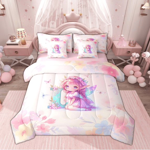 Feelyou Magic Elf Teens Twin Bedding Sets 7-Piece, Purple Monogrammed L Bedding Comforter Set, Fairy Tale Princess Reversible Sheet Sets, Lightweight Room Decor