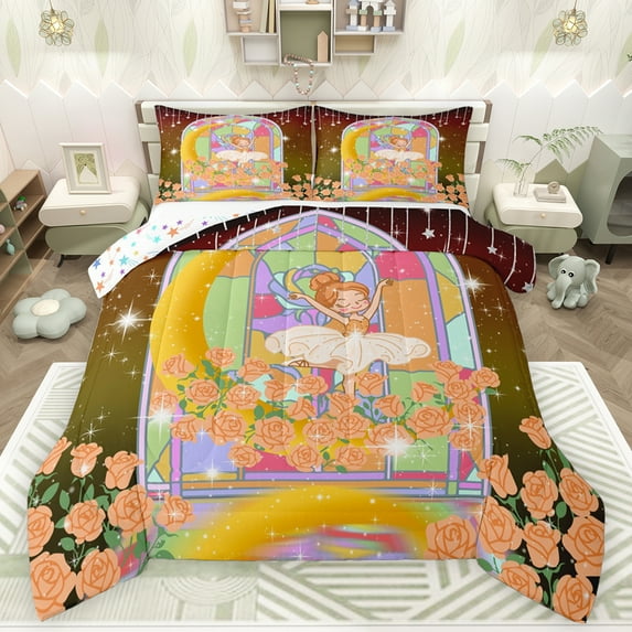 Feelyou Magic Girl Princess Bedding Comforter Set, Dreamy Fairy Tale Twin Comforter Sets, Orange Rose Flower Reversible Bedding Set, Super Cozy Room Decor, 2-Piece