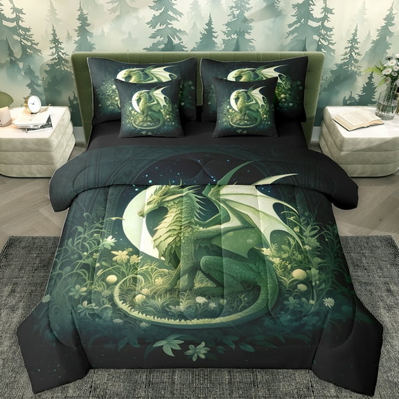 Feelyou Magic Green Dragon Bedding Comforter Set 7pcs for Boys, Mystic Western Animal King Bedding Sets, Jungle Flower Floral Reversible Bed Sheets, Luxury Bedroom Decor