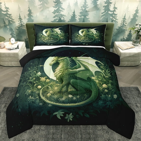 Feelyou Magic Green Dragon Bedding Comforter Set for Boys, Mystic Western Animal Twin Comforter Sets, Jungle Flower Floral Reversible Bedding Set, Luxury Bedroom Decor, 2 Pieces
