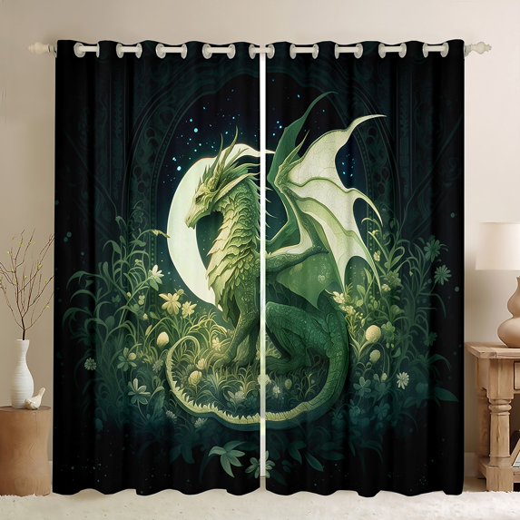 Feelyou Magic Green Dragon Black Out Curtains for Boys, Mystic Western Animal Curtains Pack of 2 (42x63 Each), Jungle Flower Floral Bedroom Curtains, Window Curtains Bedroom Decor