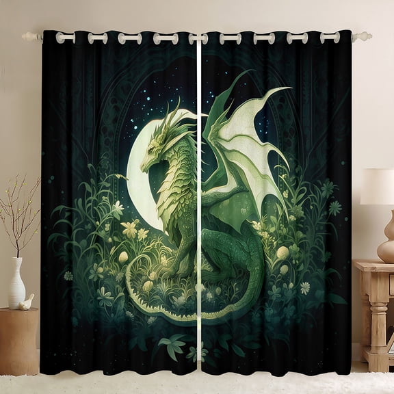 Feelyou Magic Green Dragon Blackout Curtains Set of 2 (52x84 Each) for Boys, Mystic Western Animal Window Curtains, Jungle Flower Floral Curtains and Drapes, Window Curtains Bedroom Decor