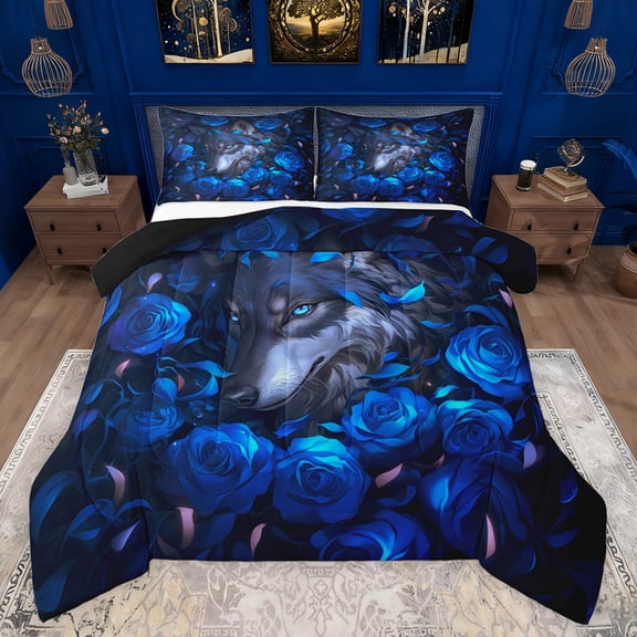 Feelyou Magic Jungle Wolf Full Size Comforter Sets for Couple, Glitter Blue Flower Bedding Comforter Set, Romantic Valentines Day Reversible Bedding Sets, Super Cozy Room Decor, 3pcs