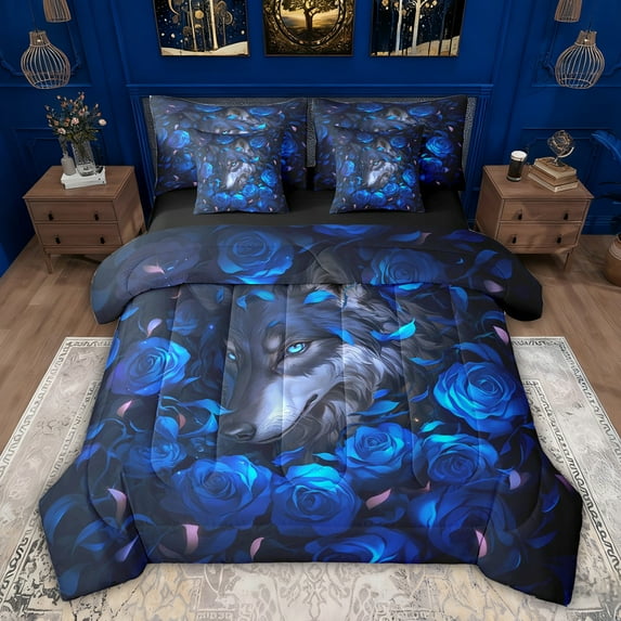 Feelyou Magic Jungle Wolf Twin Bedding Sets 7-Piece for Couple, Glitter Blue Flower Bedding Comforter Set, Romantic Valentines Day Reversible Sheet Sets, Super Cozy Room Decor