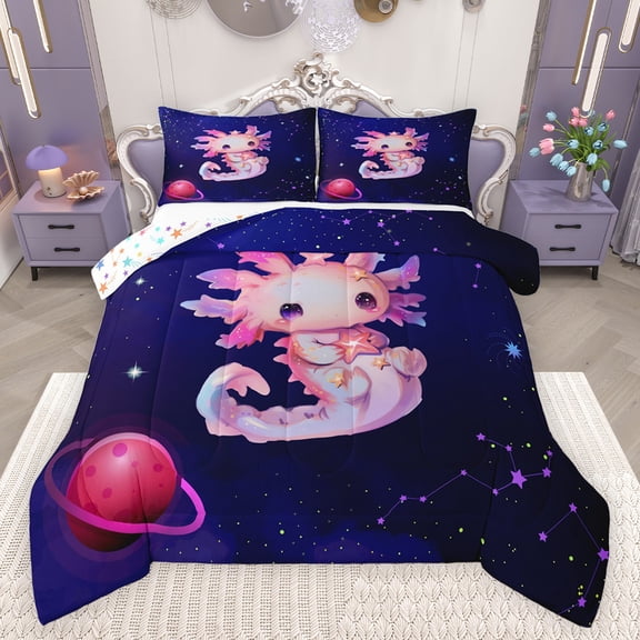 Feelyou Magic Pink Axolotl Bedding Comforter Set for Child, Mystic Outer Space Twin Comforter Sets, Dreamy Planet Galaxy Reversible Bedding Set, Breathable Home Decor, 2-Piece