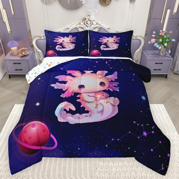 Feelyou Magic Pink Axolotl Full Size Comforter Sets for Child, Mystic Outer Space Bedding Comforter Set, Dreamy Planet Galaxy Reversible Bedding Sets, Breathable Home Decor, 3-Piece