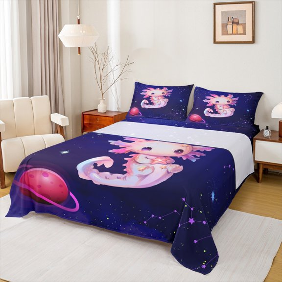Feelyou Magic Pink Axolotl Twin Sheet Sets for Child, Mystic Outer Space Twin Fitted Sheet, Dreamy Planet Galaxy Flat Sheet, Breathable Home Decor, 3-Piece