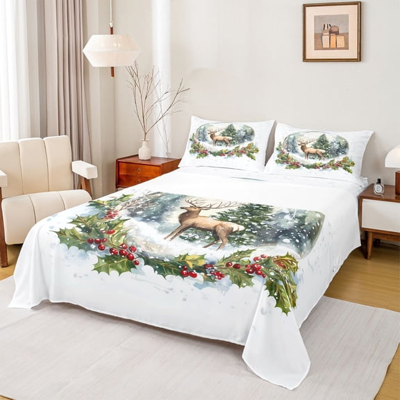 Feelyou Magic Reindeer Moose Bed Sheets for Teens, Winter Christmas Animal King Sheets, Retro Xmas Flower Sheet Set, Breathable Home Decor, 4-Piece