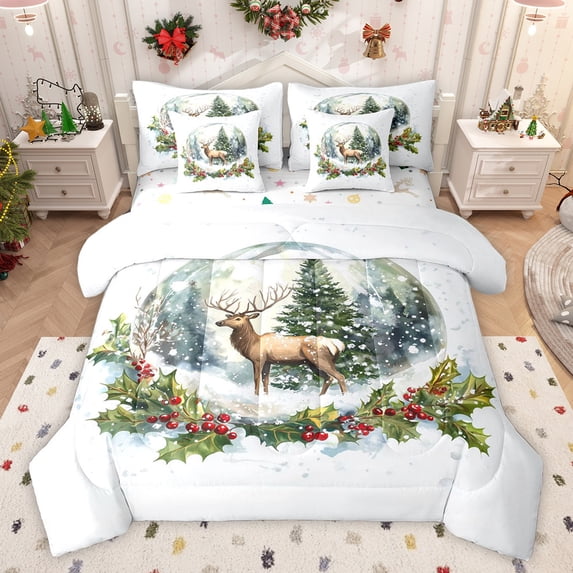 Feelyou Magic Reindeer Moose Bedding Comforter Set 7pcs for Teens, Winter Christmas Animal King Bedding Sets, Retro Xmas Flower Reversible Bed Sheets, Breathable Home Decor
