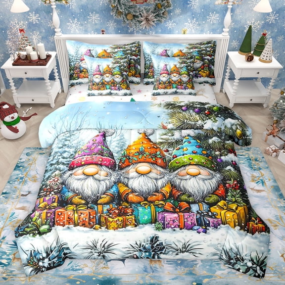 Feelyou Magic Santa Slaus Twin Bedding Sets 7-Piece for Teens, Kawaii Christmas Gifts Bedding Comforter Set, Pine Tree Reversible Sheet Sets, Breathable Home Decor