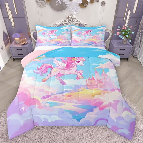 Feelyou Magic Unicorn Animal Bedding Comforter Set for Kids, Galaxy Cloud Rainbow Twin Comforter Sets, Dreamy Princess Castle Reversible Bedding Set, Luxury Bedroom Decor, 2pcs
