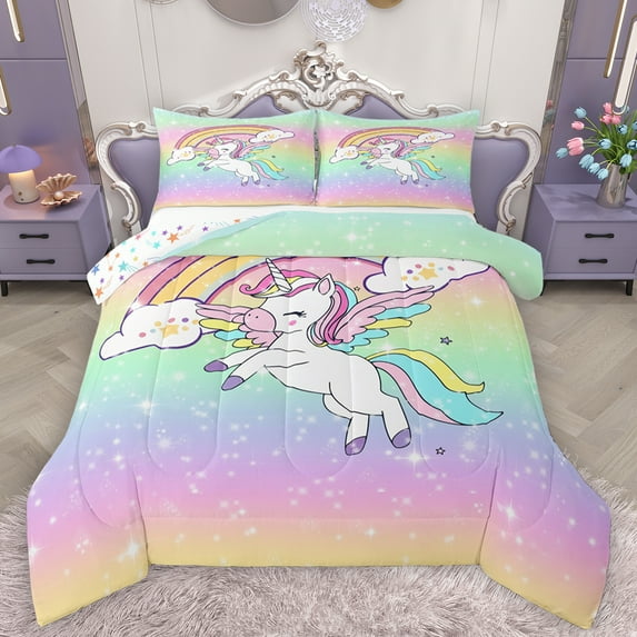 Feelyou Magic Unicorn Animal Full Size Comforter Sets for Kids, Dreamy Sky Rainbow Bedding Comforter Set, Cartoon Glitter Stars Reversible Bedding Sets, Microfiber Bedroom Decor, 3 Pieces
