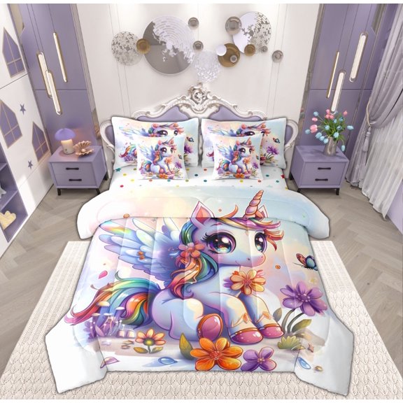 Feelyou Magic Unicorn Teens Bedding Comforter Set 7-Piece, Kawaii Dreamy Animal King Bedding Sets, Rustic Groovy Floral Reversible Bed Sheets, Luxury Bedroom Decor