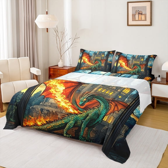 Feelyou Magic Western Dragon Queen Sheet Sets, Hippie Bohemian Animal Flat Sheet, Mystic Castle Starry Sky Queen Fitted Sheet, Breathable Home Decor, 4-Piece