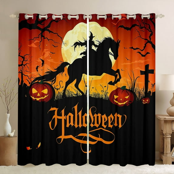 Feelyou Magic Witch Print Black Out Curtains for Kid, Spooky Halloween Curtains Pack of 2 (42x63 Each), Horror Pumpkin Bat Bedroom Curtains, Curtains and Drapes Room Decor