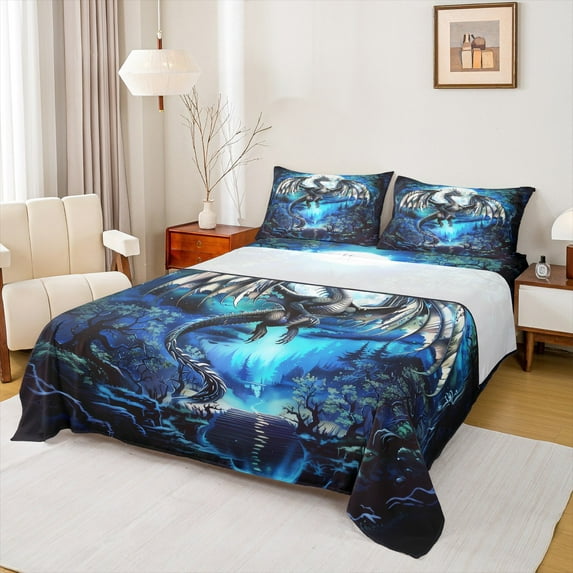 Feelyou Magical Dragon Twin Sheet Sets for Boys, Magic Animal Twin Fitted Sheet, Jungle Tree Branches Flat Sheet