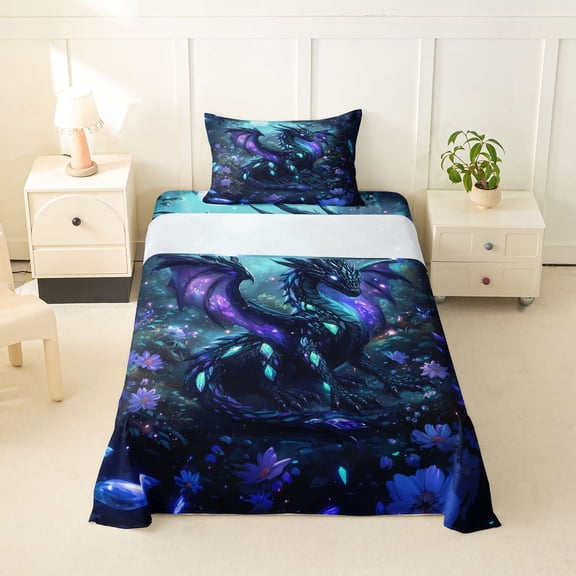 Feelyou Magical Forest Crystal Dragon Twin Sheet Sets for Men Women Kids, Galaxy Flower Animal Bedding, Teal, 3 Pieces