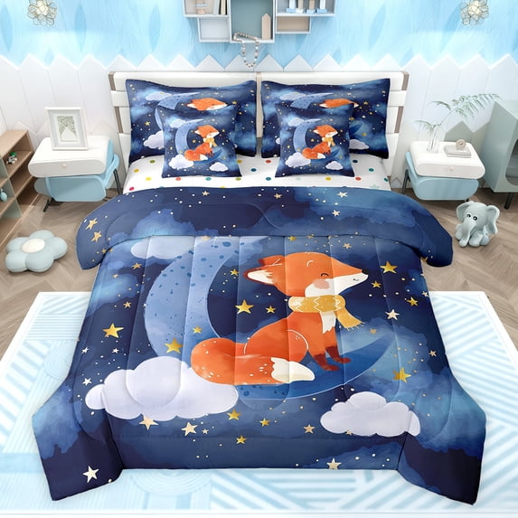Feelyou Magical Fox Animal Twin Bedding Sets 7-Piece for Teen, Dreamy Stars Galaxy Sky Bedding Comforter Set, Navy Watercolor Moon Reversible Sheet Sets, Breathable Home Decor