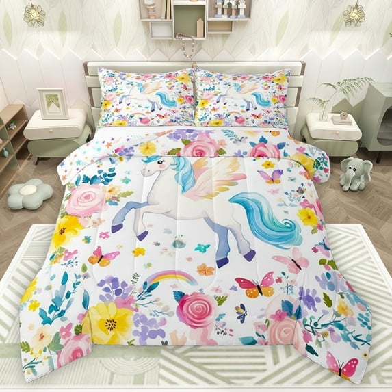 Feelyou Magical Unicorn Angel Full Size Comforter Sets, Watercolor Flower Floral Bedding Comforter Set, Teens Kids Boys Girls Reversible Bedding Sets, Microfiber Bedroom Decor, 3-Piece