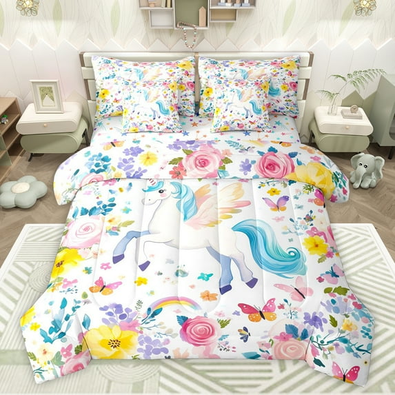 Feelyou Magical Unicorn Angel Twin Bedding Sets 7-Piece, Watercolor Flower Floral Bedding Comforter Set, Teens Kids Boys Girls Reversible Sheet Sets, Microfiber Bedroom Decor