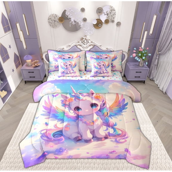 Feelyou Magical Unicorn Child Bedding Comforter Set 7 Pieces, Dreamy Cartoon Animal Full Bedding Set, Flower Floral Reversible Fitted Sheet Flat Sheet, Ultra Soft Home Decor