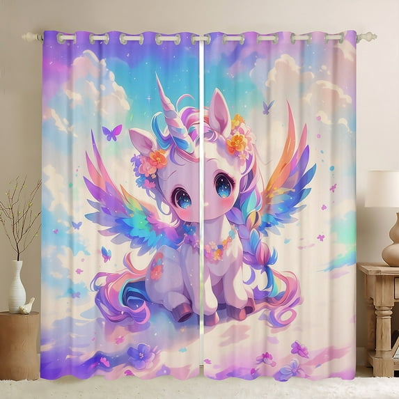 Feelyou Magical Unicorn Child Curtains Pack of 2 (42x84 Each), Dreamy Cartoon Animal Curtains Blackout, Flower Floral Bedroom Curtains, Curtains and Drapes Home Decor