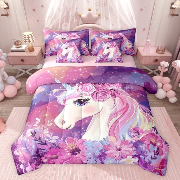 Feelyou Magical Unicorn Kids Bedding Comforter Set 7pcs, Mystic Galaxy Sky King Bedding Sets, Pink Groovy Flower Reversible Bed Sheets, Lightweight Room Decor