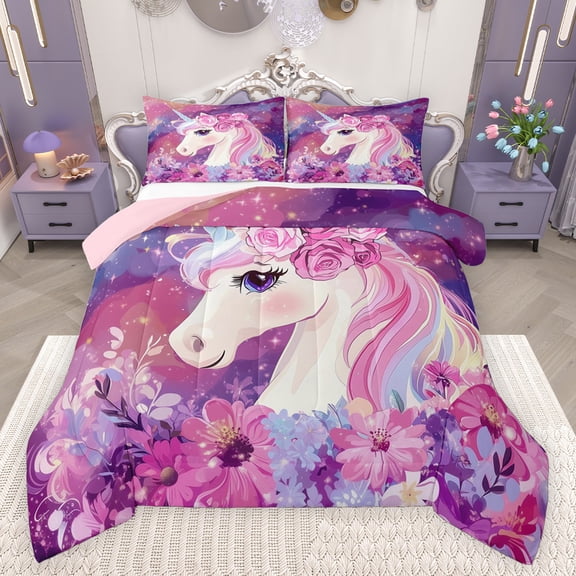 Feelyou Magical Unicorn Kids Bedding Comforter Set, Mystic Galaxy Sky Twin Comforter Sets, Pink Groovy Flower Reversible Bedding Set, Lightweight Room Decor, 2-Piece