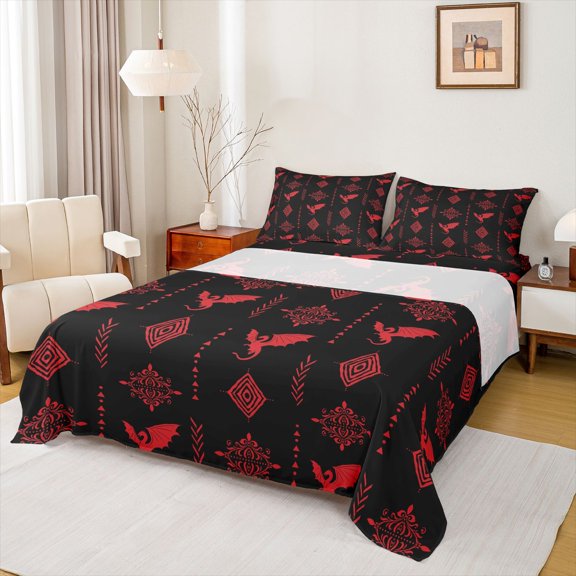 Feelyou Mandala Aztec Damask Full Size Sheets, Magic Boho Dragon Animal Bed Sheets, 4pcs