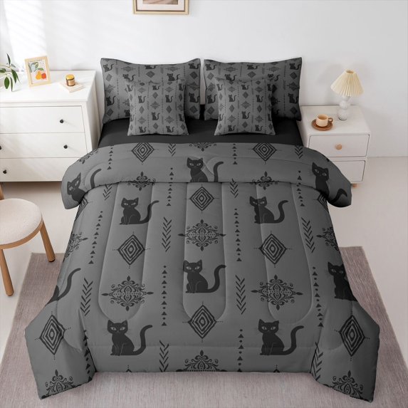 Feelyou Mandala Damask Aztec Twin Bedding Sets 7pcs, Black Cat Animal Comforter Set