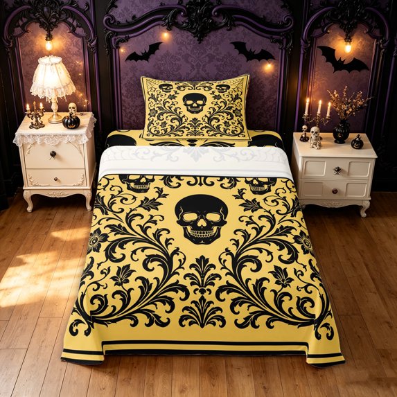 Feelyou Mandala Damask Skull Twin Sheets, Boho Floral Bedding, Pale Yellow Black, 3pcs, 1 Flat Sheet, 1 Fitted Sheet and 1 Pillowcase
