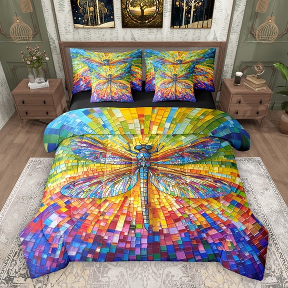 Feelyou Mandala Dragonfly Bedding Comforter Set 7pcs, Bohemian Abstract Full Bedding Set