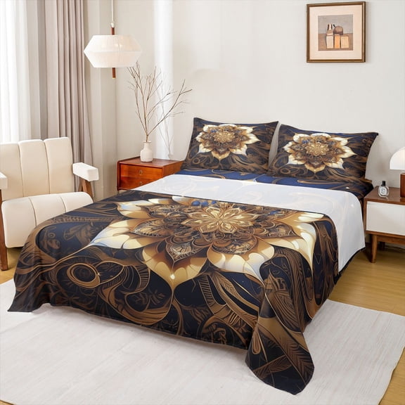 Feelyou Mandala Lotus Flower Bed Sheets, Western Bohemian Damask King Sheets, Teens Adult Girls Women Sheet Set, Ultra Soft Bedroom Decor, 4pcs